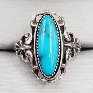 Genuine Elongated Blue Turquoise 925 Sterling Silver Navajo Vintage Bow Ring